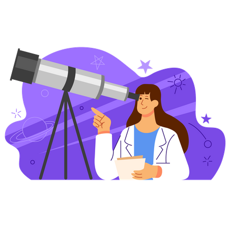 Cientista feminina olhando através de um telescópio astronômico  Ilustração