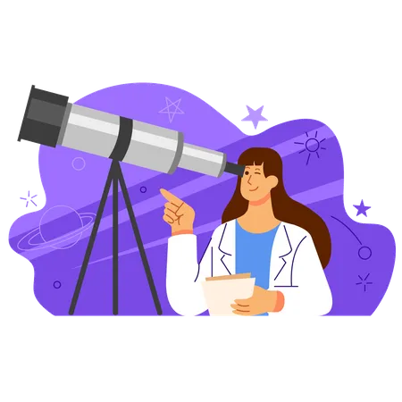 Cientista feminina olhando através de um telescópio astronômico  Ilustração