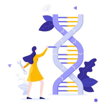Cientista feminina trabalhando na modificação do DNA  Ilustração