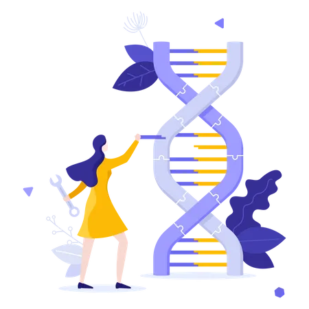 Cientista feminina trabalhando na modificação do DNA  Ilustração