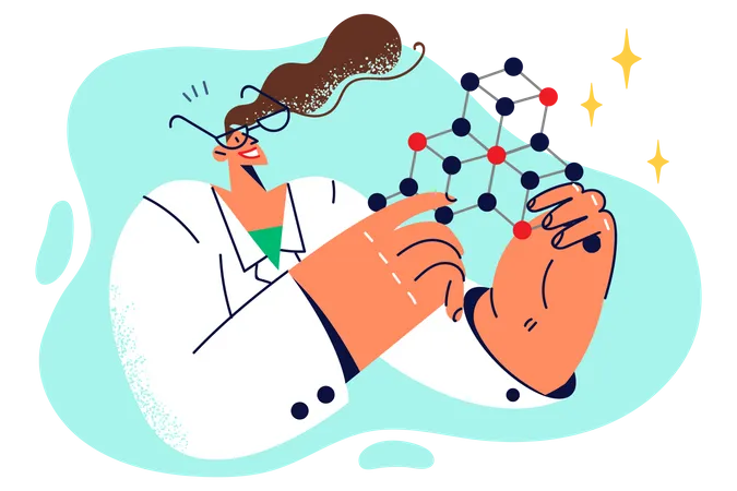 Cientista feminina trabalhando na estrutura molecular da química  Ilustração