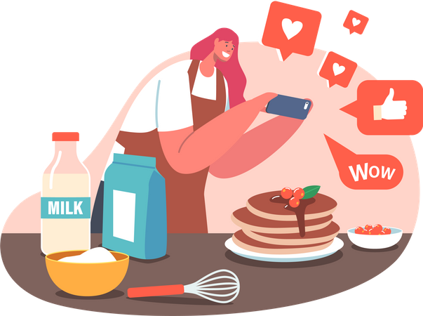 Mulher clicando na foto de um alimento para publicá-la nas redes sociais  Illustration