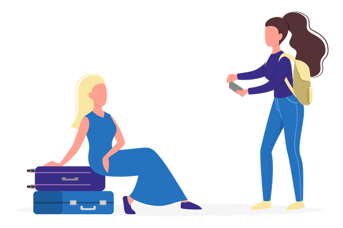 Mulher clicando na foto de uma amiga em viagem  Illustration