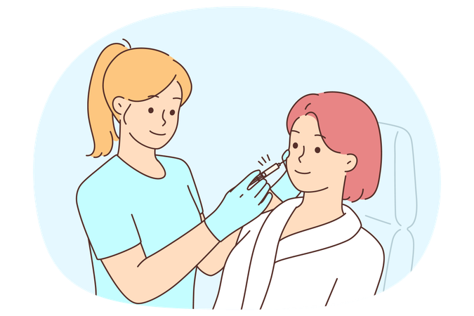 Cliente sentada em uma cadeira fazendo procedimentos faciais em um salão de beleza.  Ilustração