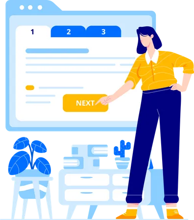 Mulher clica no próximo botão no site  Ilustração