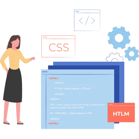 Mulher codificando CSS e HTML  Ilustração