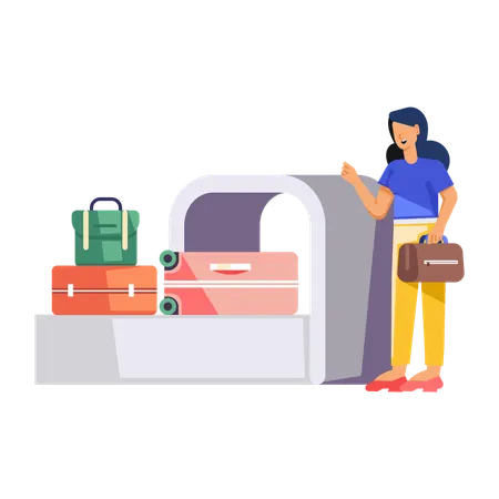 Mulher coletando bagagem no terminal  Ilustração