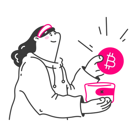 Mulher coloca bitcoin na carteira  Ilustração