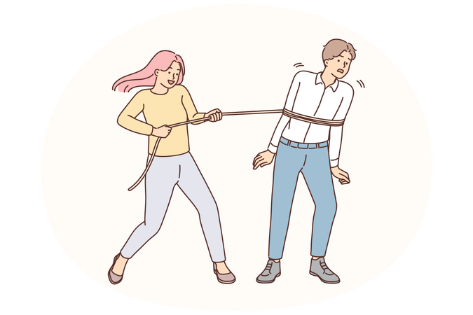 Mulher coloca corda no homem  Ilustração