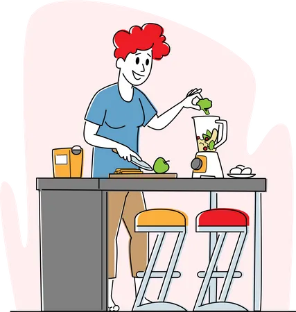 Mulher coloca maçã e brócolis na máquina espremedora  Ilustração