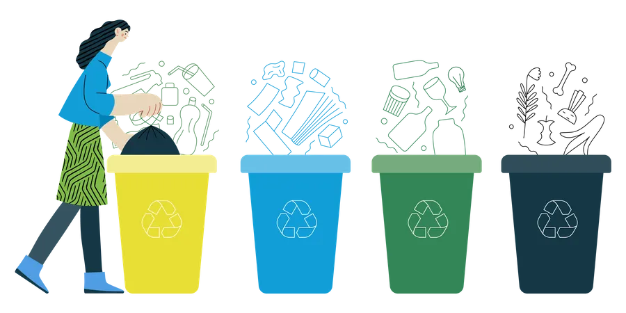 Ecologia Classificacao De Residuos Ilustracao Moderna Do Conceito Vetorial Plano De Uma Jovem Colocando Um Saco De Lixo No Recipiente De Lixo Para Residuos Plasticos Modelo De Pagina Da Web De Destino Criativo Ilustração