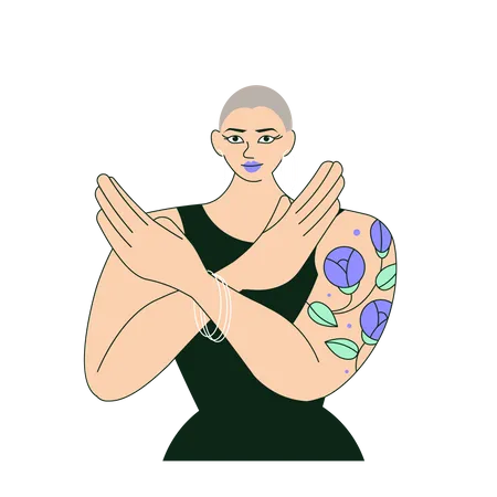 Mulher com cabeça raspada e tatuagem gesticulando Break The Bias  Ilustração