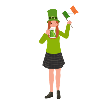 Mulher com bandeira irlandesa e bebendo cerveja  Ilustração