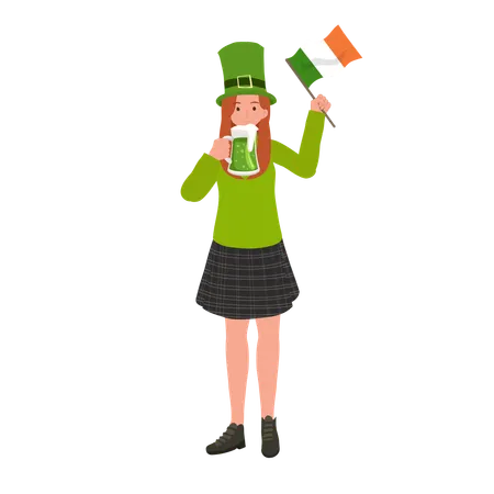 Mulher com bandeira irlandesa e bebendo cerveja  Ilustração