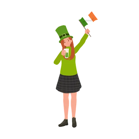 Mulher com bandeira irlandesa e segurando um copo de cerveja  Ilustração