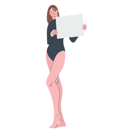 Mulher com body segurando uma placa em branco  Ilustração