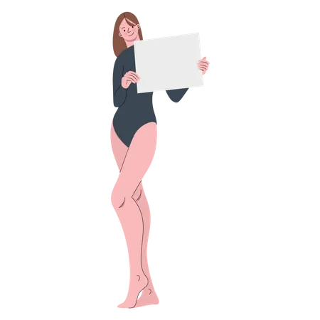 Mulher com body segurando uma placa em branco  Ilustração