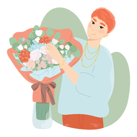 Mulher com buquê de flores  Ilustração
