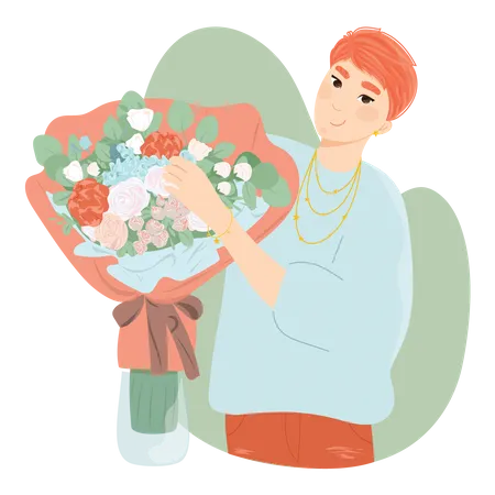 Mulher com buquê de flores  Ilustração