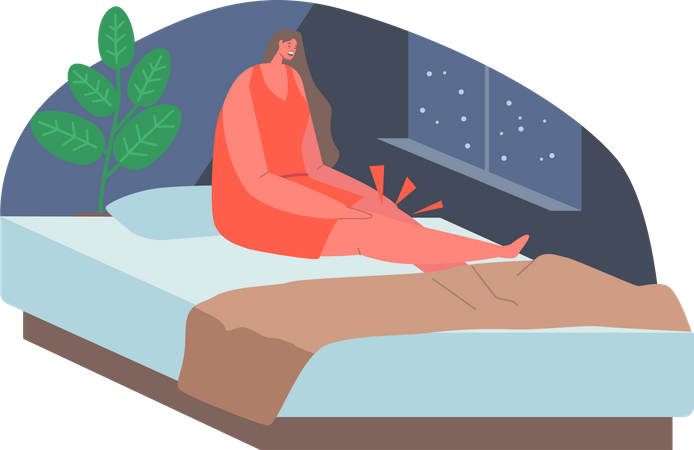 Mulher com cãibras nos joelhos no quarto  Ilustração