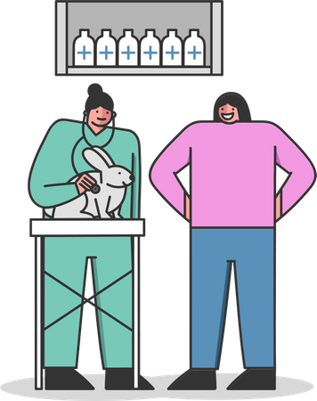 Mulher com coelho de estimação na clínica VET  Ilustração