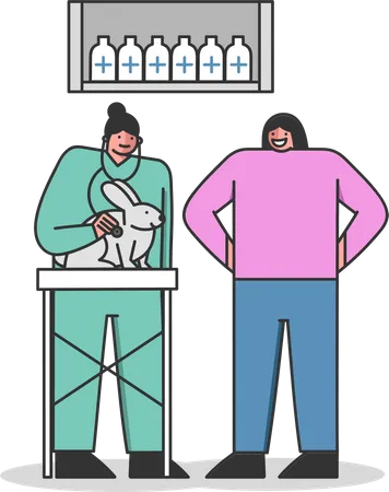 Mulher com coelho de estimação na clínica VET  Ilustração