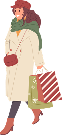 Mulher com compras de Natal andando depois das compras  Ilustração