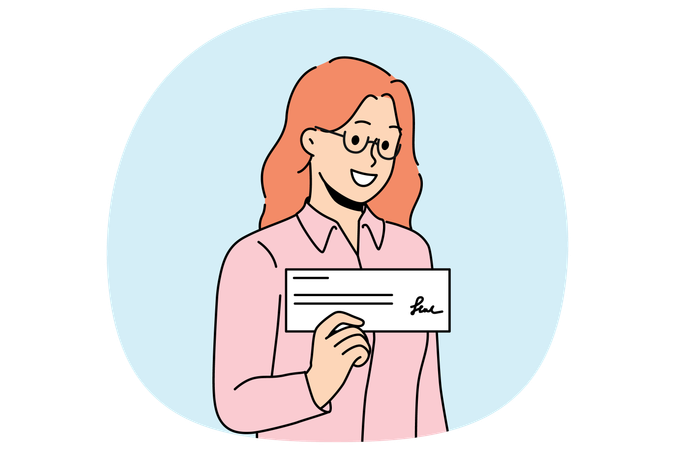 Mulher com contracheque na mão sorri demonstrando documento financeiro confirmando o recebimento do salário  Ilustração