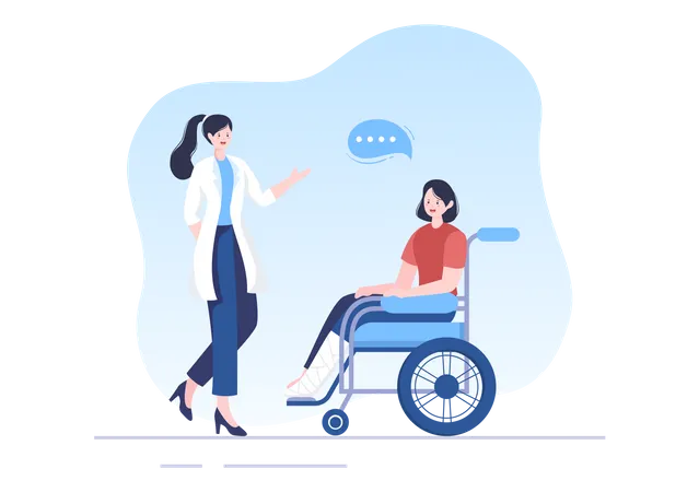 Mulher com deficiência andando em cadeira de rodas com assistência médica terapeuta  Ilustração