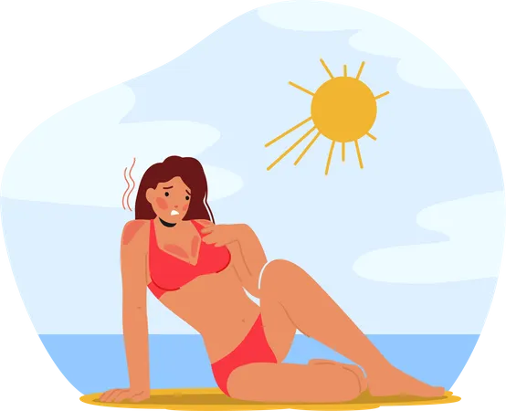 Mulher com dor e queimadura de sol na praia  Ilustração