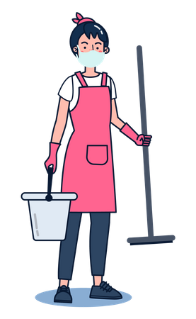 Mulher com esfregão e balde de água  Ilustração