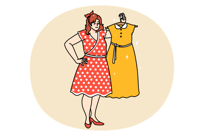 Mulher acima do peso mostra vestido em cabide  Ilustração