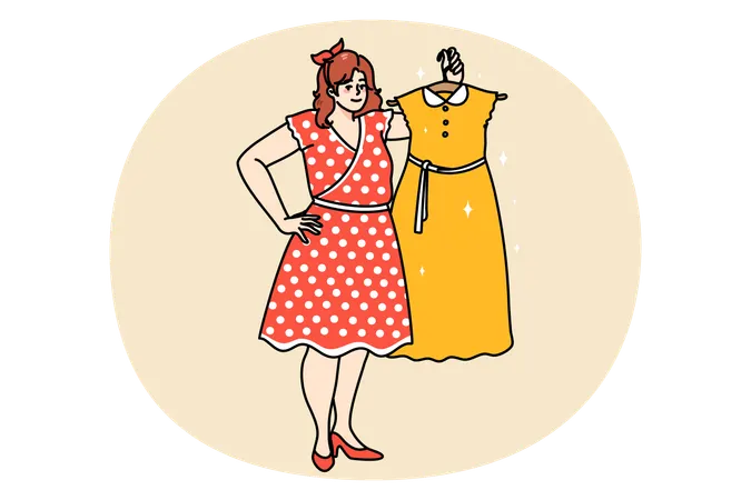 Mulher acima do peso mostra vestido em cabide  Ilustração