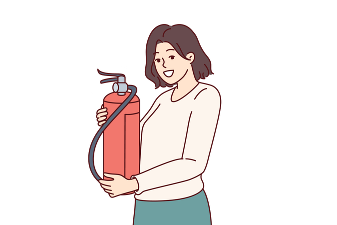 Mulher com extintor de incêndio recomendando verificar a data de validade dos equipamentos de combate a incêndio  Ilustração
