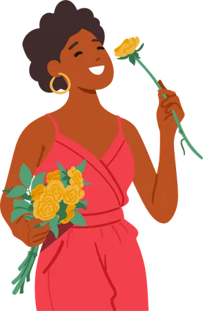 Mulher com exuberante buquê de flores  Ilustração