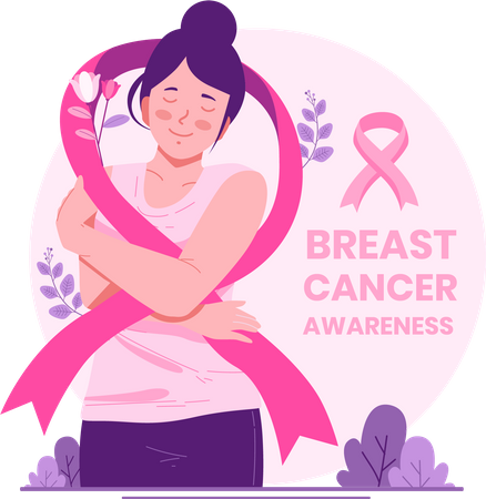 Mulher com fita rosa apoiando mulher com câncer de mama  Ilustração