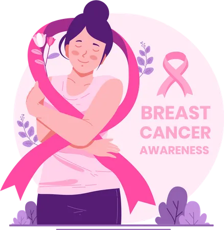 Mulher com fita rosa apoiando mulher com câncer de mama  Ilustração