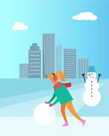 Mulher com fones de ouvido faz boneco de neve  Ilustração