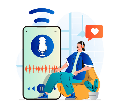 Mulher com fones de ouvido está curtindo podcast  Illustration
