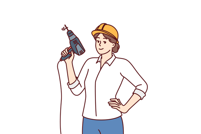 Mulher com furadeira elétrica e capacete de segurança para obras  Ilustração