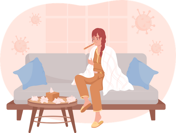 Mulher com gripe sentada no sofá  Ilustração