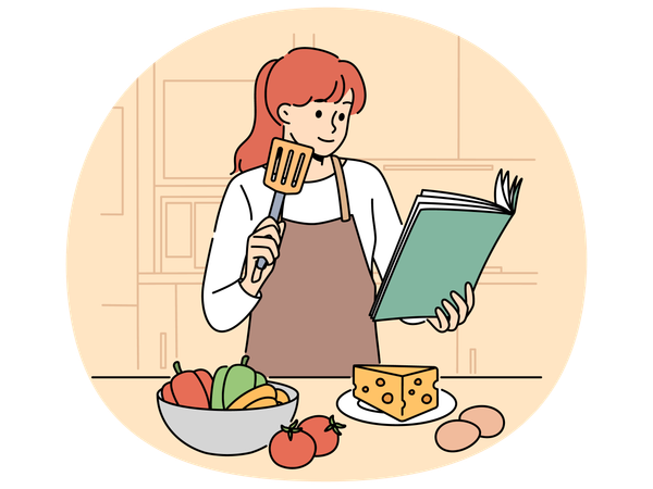 Mulher com livro de receitas está na cozinha querendo preparar um jantar delicioso e vegetais  Ilustração