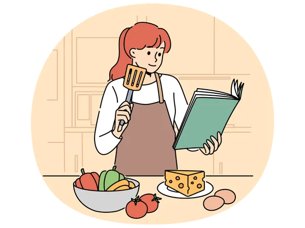 Mulher com livro de receitas está na cozinha querendo preparar um jantar delicioso e vegetais  Ilustração
