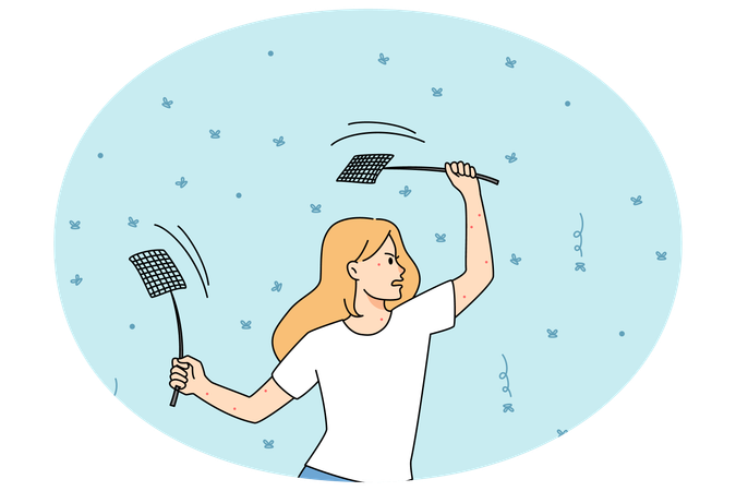 Mulher com mata-moscas matando mosquitos  Ilustração