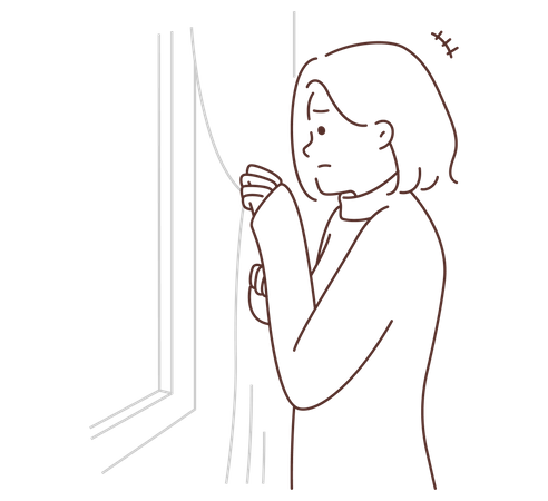 Mulher assustada olhando pela janela  Ilustração