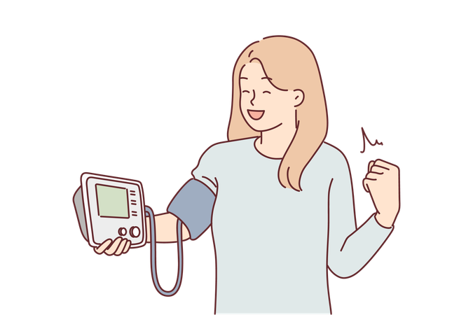 Mulher com monitor de pressão arterial se alegra ao ver a normalização do pulso  Ilustração