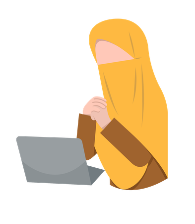 Mulher com niqab trabalhando em laptop  Ilustração