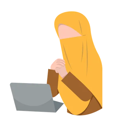 Mulher com niqab trabalhando em laptop  Ilustração