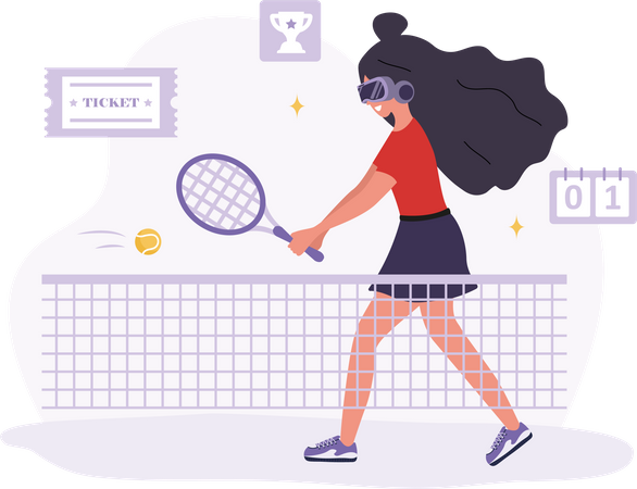 Mulher de óculos VR jogando tênis com raquete  Ilustração