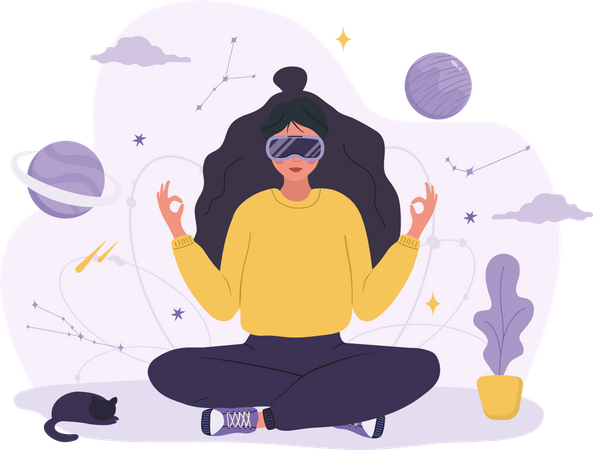 Mulher de óculos VR meditando e relaxando  Ilustração